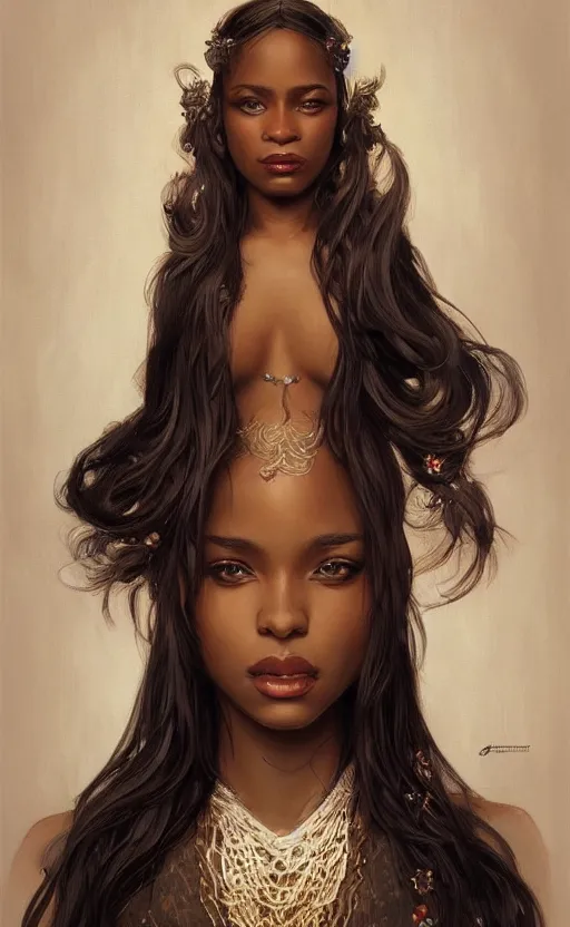 Prompt: a portrait of an attractive young Black female, beautiful long hair, clothed like a femme fatale, intricate, elegant, highly detailed, digital painting, trending on artstation, concept art, smooth, sharp focus, illustration, art by artgerm and greg rutkowski and alphonse mucha