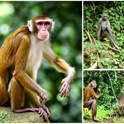 Prompt: of monkeys bribering zookeeper with bananas, zoom lens, candid camera, harsh light