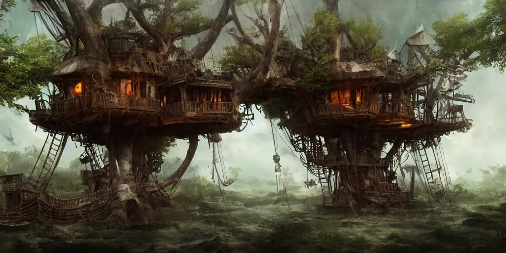 Prompt: A treehouse made out of a derelict pirate ship, torn sails, cargo net, crows nest, the treetops of giant oaks, game art matte painting hyperdetailed, artstation, cgsociety, 8k, surreal dream landscape