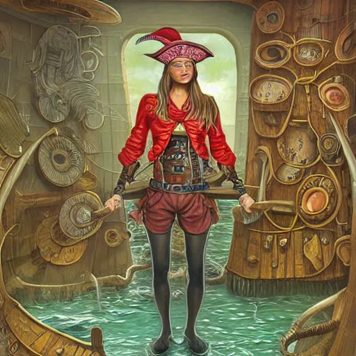 Image similar to full body concept art of a female pirate by Jacek Yerka