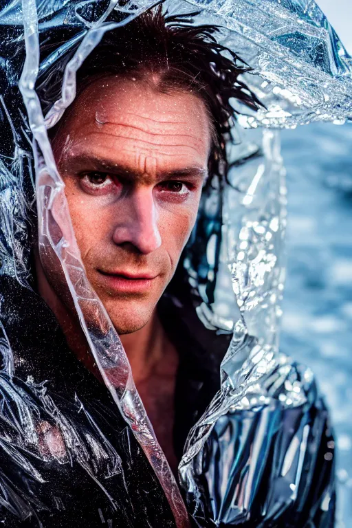 Image similar to an ultra high definition professional high fashion portrait studio full length photograph of a tarzan wearing a transparent pearlescent raincoat and neon visor in an icelandic black rock environment at dawn. no artefacts. extremely detailed. stark. refraction. shallow depth of field. volumetric light and shadow. ray tracing. light rays.