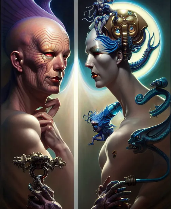 Image similar to beautiful gemini good and evil fantasy character portrait, ultra realistic, wide angle, intricate details, the fifth element artifacts, highly detailed by peter mohrbacher, hajime sorayama, wayne barlowe, boris vallejo, aaron horkey, gaston bussiere, craig mullins