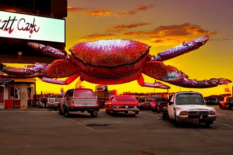 Image similar to giant crab attacking a california drive in, in 2 0 1 2, cutecore, y 2 k, bathed in the the glow of the sunset, low - light photograph, in style of monkeybone