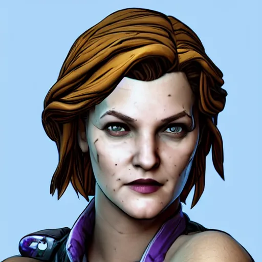 Image similar to drew barrymore portrait, borderlands, tales from the borderlands, the wolf among us, comic, cinematic lighting, studio quality, 8 k