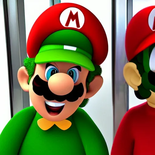 Prompt: Green Mario and Red Luigi in an Elevator