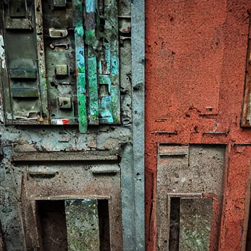 Prompt: Taiwan holiday alley, roller shutter doors, some residential doors and plants, concrete stones brickwork tiles, road, metal Taiwanese architecture doors rust a bit of mould stripped paint and discoloured old concrete walls with cracks some moss cinematic nature plants split lighting shallow depth of field 40mm lens