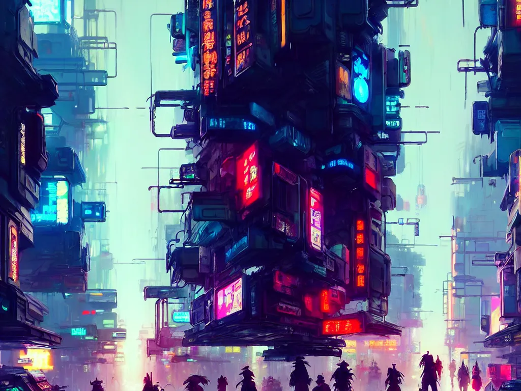 Image similar to concept art of a cyberpunk street filled with people during obon festival, grimy, gritty, blade runner 2 0 4 9, trending on artstation, award winning painting, cgi, art by john berkey and anton fadeev and john howe and simon stalenhag and greg rutkowski