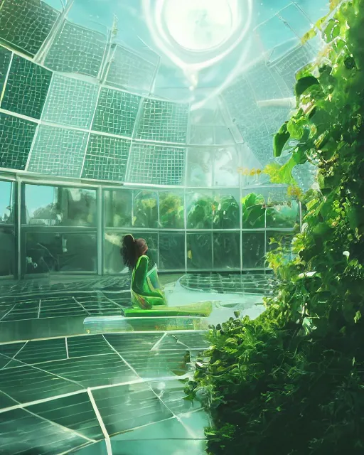 Image similar to beautiful girl!!!!, scifi, futuristic, bright light, highly detailed, concept art, green plants, research complex, school, white building, drones, solar panels, flowers, utopia, sharp focus, trending on artstation, intricate, atmosphere, sunny, art by roman makarenko, dzung phung dinh