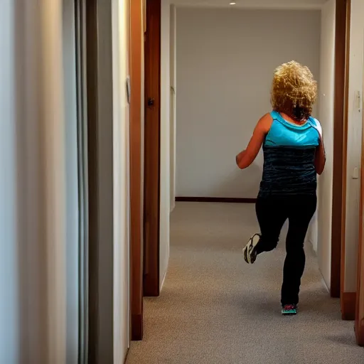 Image similar to a woman running down the hallway of her home, looking behind her