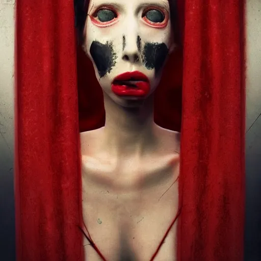 Image similar to lips sewn shut of a pelham puppet surrounded by red curtains by Conrad Roset and Nicola Samuri, medium shot, rule of thirds, seductive look, beautiful, intricate, dystopian, sci-fi, extremely detailed, digital painting, artstation, concept art, smooth, sharp focus, intimidating lighting, incredible art, details visible, very dark ambiance