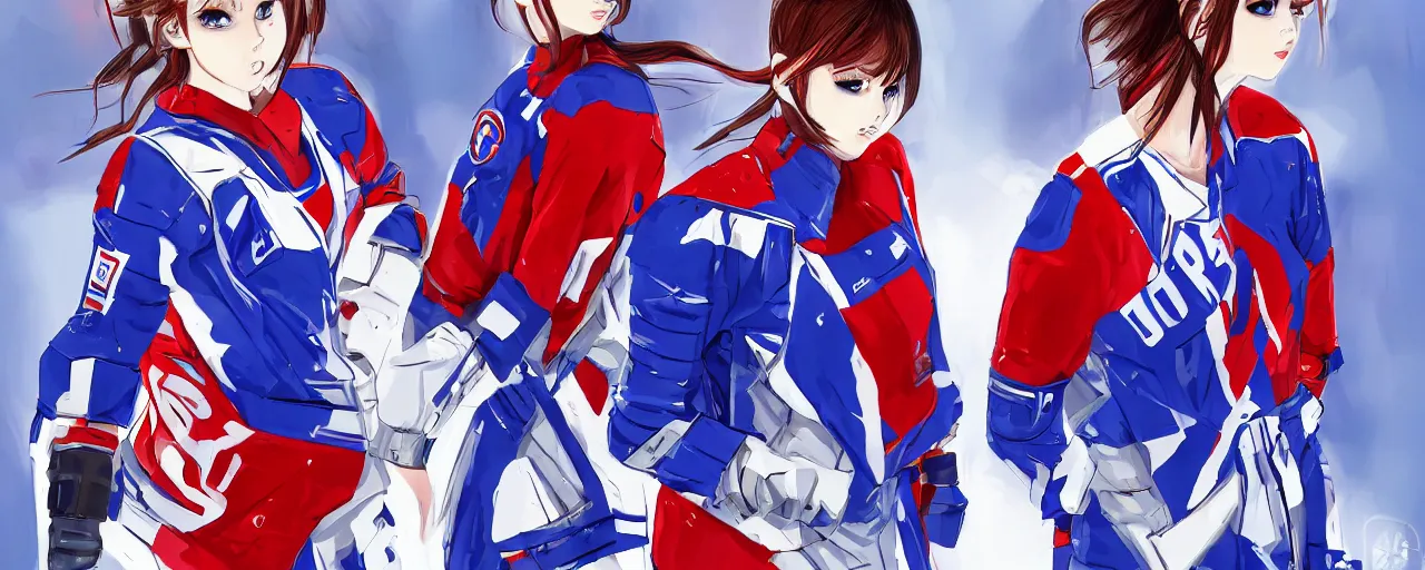 Image similar to females akira anime cyberpunk super star ice hockey players, wearing a light futuristic habs jersey, blue white and red color blocking, character concept exploration, outfit designs, trending on artstation, photorealistic, 8k