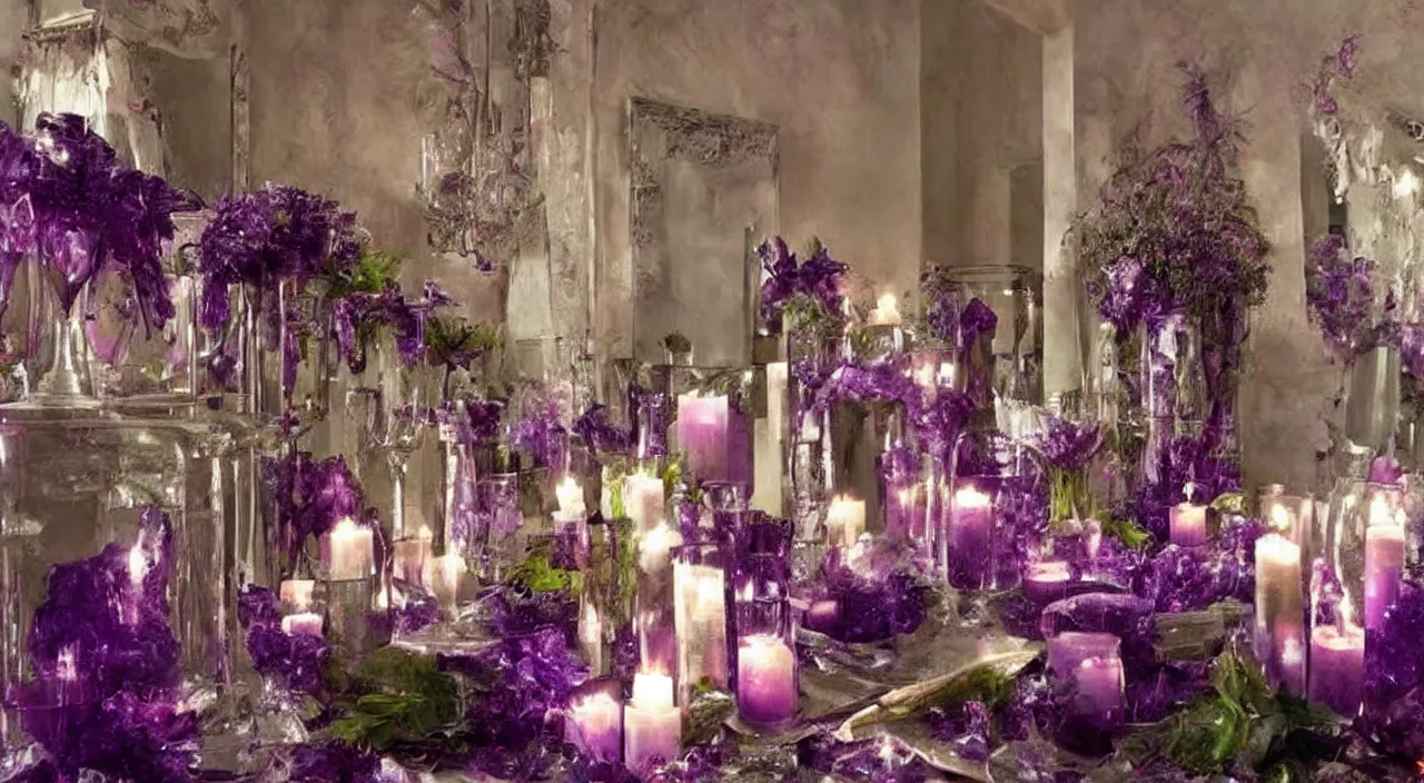 Prompt: cozy old room filled with burning purple and green crystal candles, atmospheric, hyperdetailed