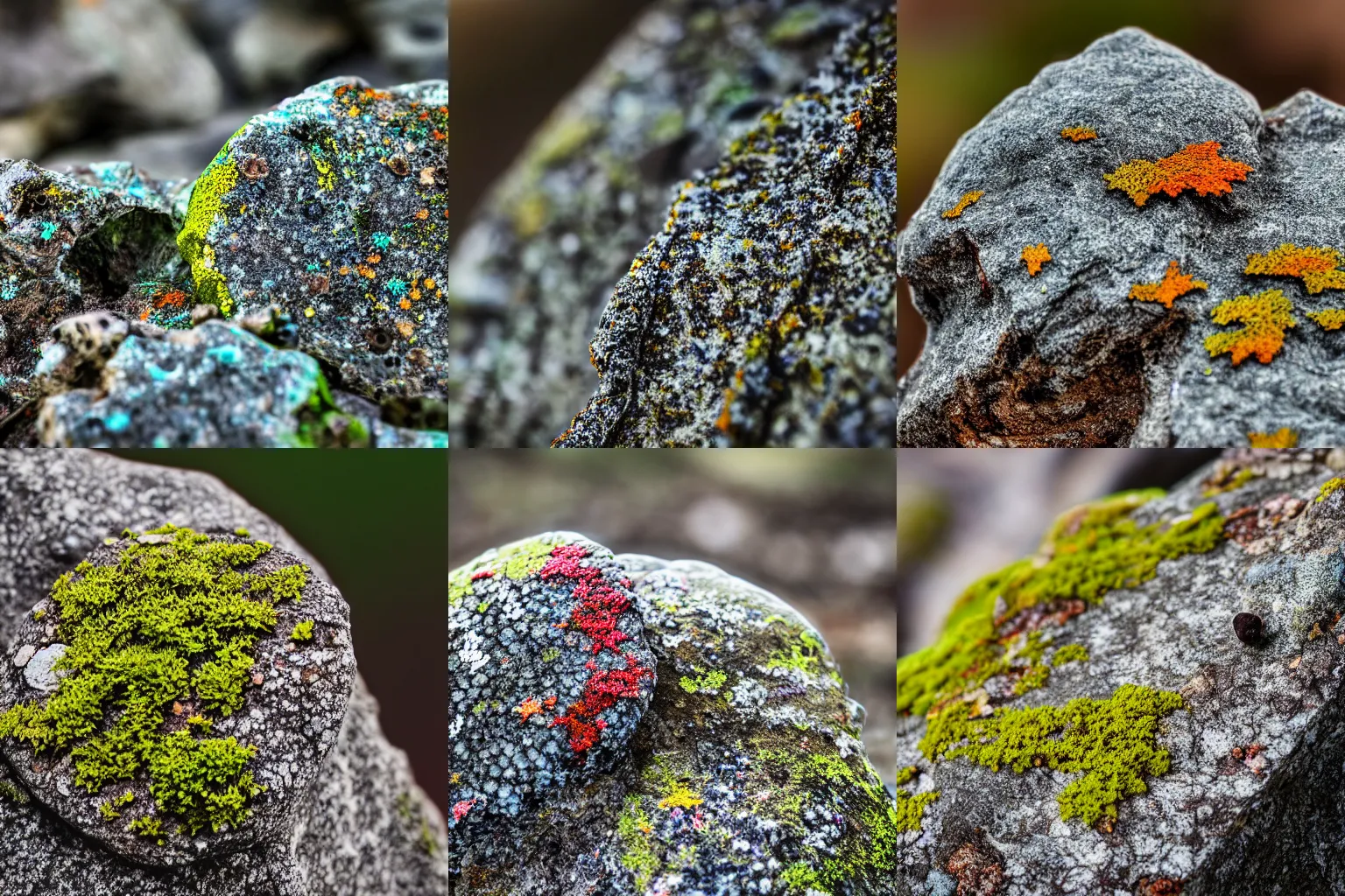 Prompt: closeup of bright lichens on a rock, macro, DSLR, sony a7III, nature photography, shallow depth of field, 4K, sharp details, contrasting