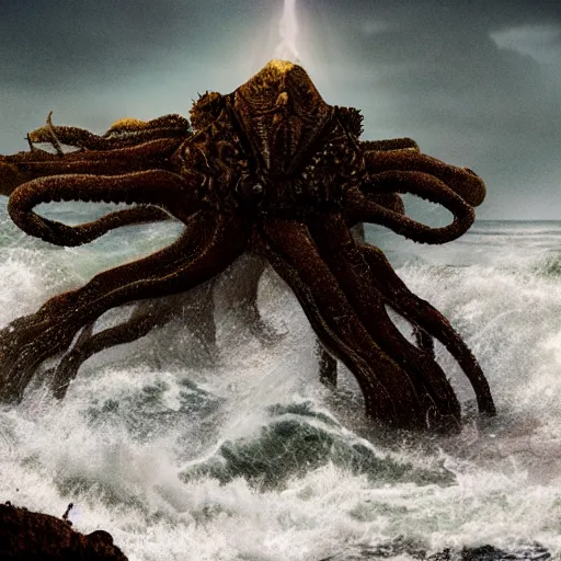 Prompt: an eldritch horror emerging from the ocean on a stormy day, realistic photo, cold lighting