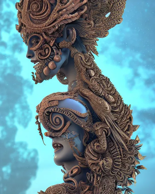 Prompt: 3 d ornate carved goddess with tattoos profile portrait, sigma 5 0 0 mm f / 5. beautiful intricate highly detailed quetzalcoatl skull. bioluminescent, plasma, lava, ice, water, wind, creature, thunderstorm! artwork by tooth wu and wlop and beeple and greg rutkowski, 8 k trending on artstation