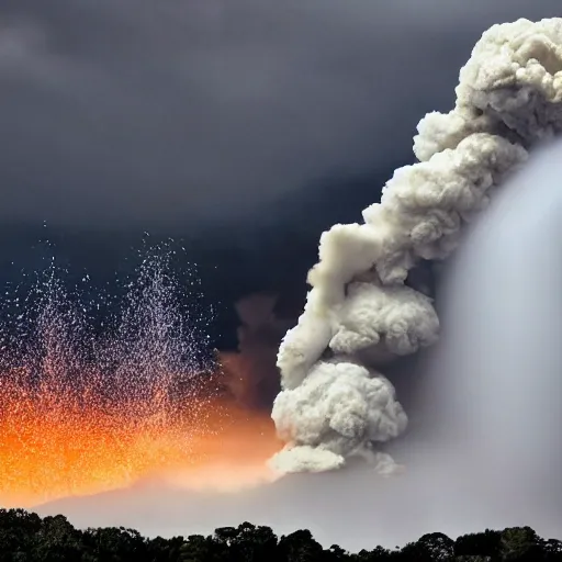 Image similar to God coming down from the sky while a Volcanoe erupts in the background, hyper realistic, HD, HQ, photo realistic, stunning