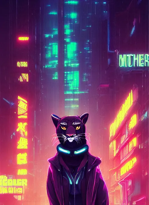 Prompt: beautiful portrait commission of a female furry anthro mountain lion wearing casual clothes. Cyberpunk city at night in the rain. Neon light. Atmospheric. Character design by charlie bowater, ross tran, artgerm, and makoto shinkai, detailed, inked, western comic book art