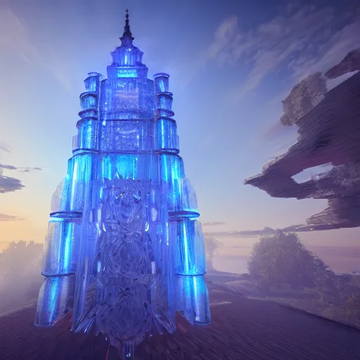 Prompt: Render of a beautiful tower made of gigantic pieces of radiant blue crystal, golden hour, serene, hyperdetailed, trending on Artstation, Unreal Engine 4k