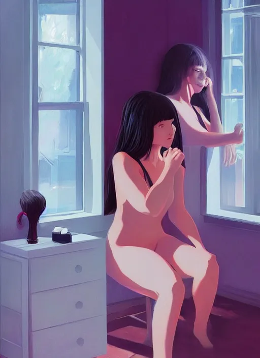 Image similar to a beautiful muse captivatingly dreaming and brushing her hair in front of a mirror made of dread, nightmare dream from the Ring, in style of Ilya Kuvshinov and Edward Hopper, highly detailed