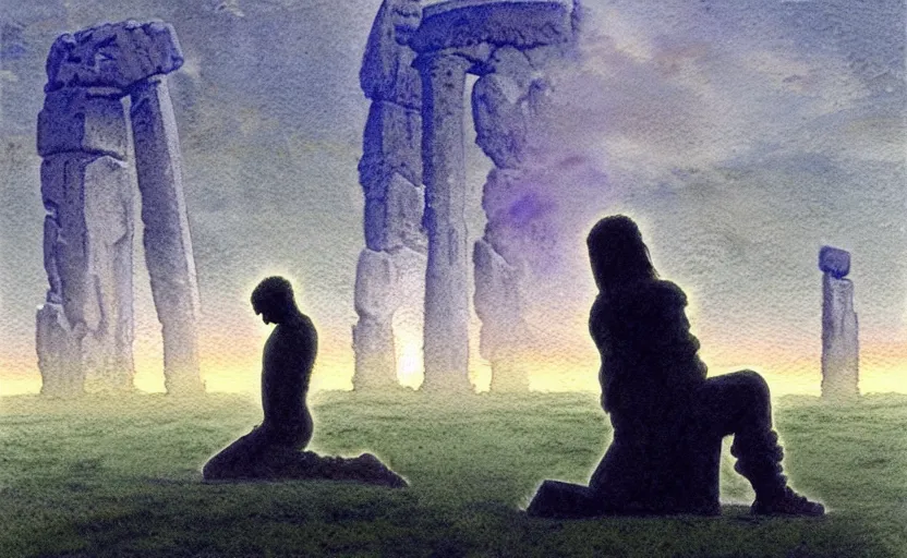 Image similar to a hyperrealist watercolour character concept art portrait of a pagan worshipper kneeling down in prayer in front of a tall elegant giant on a misty night in stone henge. a battlecruiser starship is in the background. by rebecca guay, michael kaluta, charles vess and jean moebius giraud