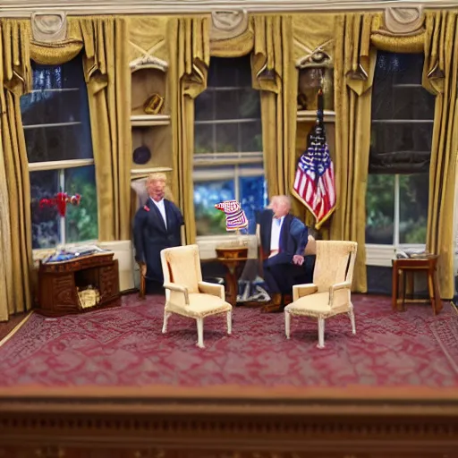 Image similar to dollhouse diorama of donald trump in the whitehouse, macro photography, canon, dslr