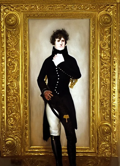 Image similar to highly detailed oil painting | very intricate | cinematic lighting | black, white and gold color scheme, dark background | napoleon dressed by alexander mcqueen | by roberto ferri, by gustav moreau, by singer sargent and klimt, american romanticism, occult art | by austin osman spare, artstation, cgsociety, official art, octane