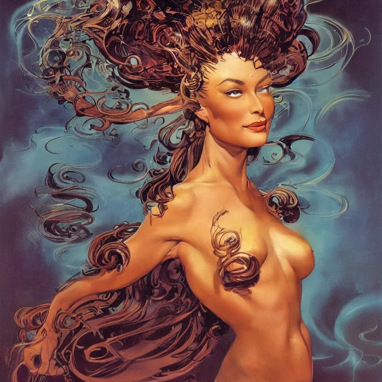 Image similar to portrait of a woman with swirling hair and fractal skin by frank frazetta, retrofuturism, psychedelic art reimagined by industrial light and magic