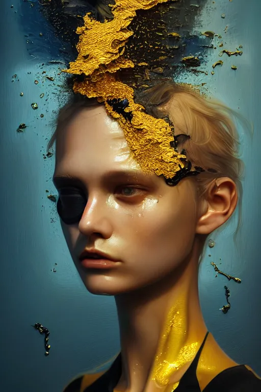 Prompt: 3 d, close - up, frown fashion model girl, rat ears, liquid gold and black water, sleepy fashion model, morning, sun rays, vogue cover style, poster art, hyper detail, intricate oil painting, multiple exposure, morning mood, 3 d, by tooth wu and wlop and beeple and greg rutkowski