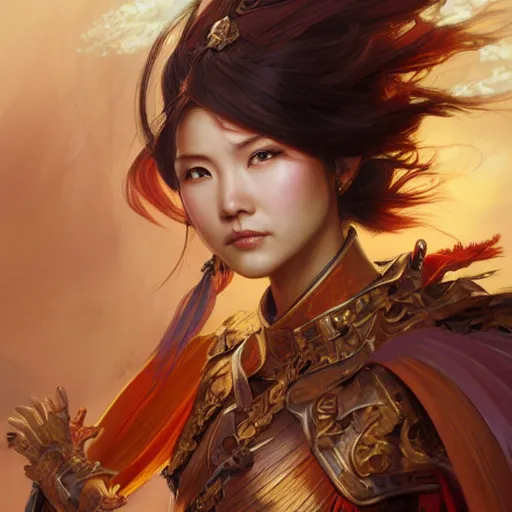 Image similar to female Chinese warrior, elegant, fire hair, D&D, fantasy, highly detailed, digital painting, artstation, concept art, sharp focus, illustration, art by artgerm and greg rutkowski and alphonse mucha