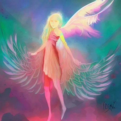 Prompt: wonderdream witch lady feather wing digital art painting fantasy bloom vibrant style mullins craig and keane glen and apterus sabbas and guay rebecca and demizu posuka illustration character design concept colorful joy atmospheric lighting butterfly,