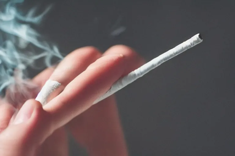 Image similar to Close-up of thin soft hand holding cigarette in fingers, with smoke, hyper realistic, high details, photo, super resolution