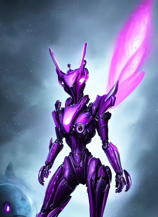 Image similar to cinematic goddess close shot, beautiful stunning anthropomorphic robot mecha female dragon, sleek head, metal ears, led purple eyes, smooth fuschia skin, smooth silver armor, floating in space, holding a galaxy, epic proportions, epic size, epic detail, furry art, dragon art, giantess art, warframe fanart, furaffinity, octane