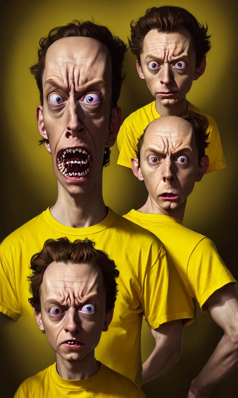 Prompt: hyper realistic grotesque portrait of an young dumb roundheaded morty, from rick and morty, worried, yellow t - shirt, portal in the background, by lee bermejo, alphonse mucha and greg rutkowski