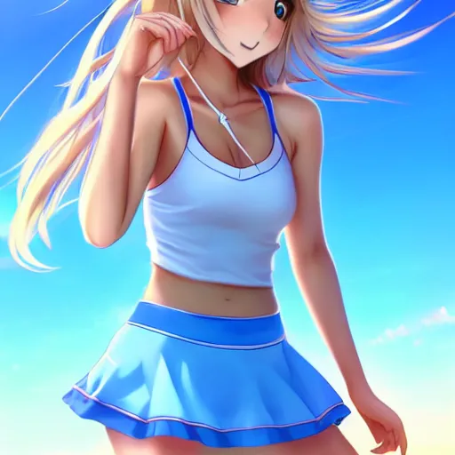 Image similar to a very beautiful young anime tennis girl, full body, long wavy blond hair, sky blue eyes, full round face, short smile, bikini, miniskirt, front view, highly detailed, cinematic wallpaper by stanley artgerm lau