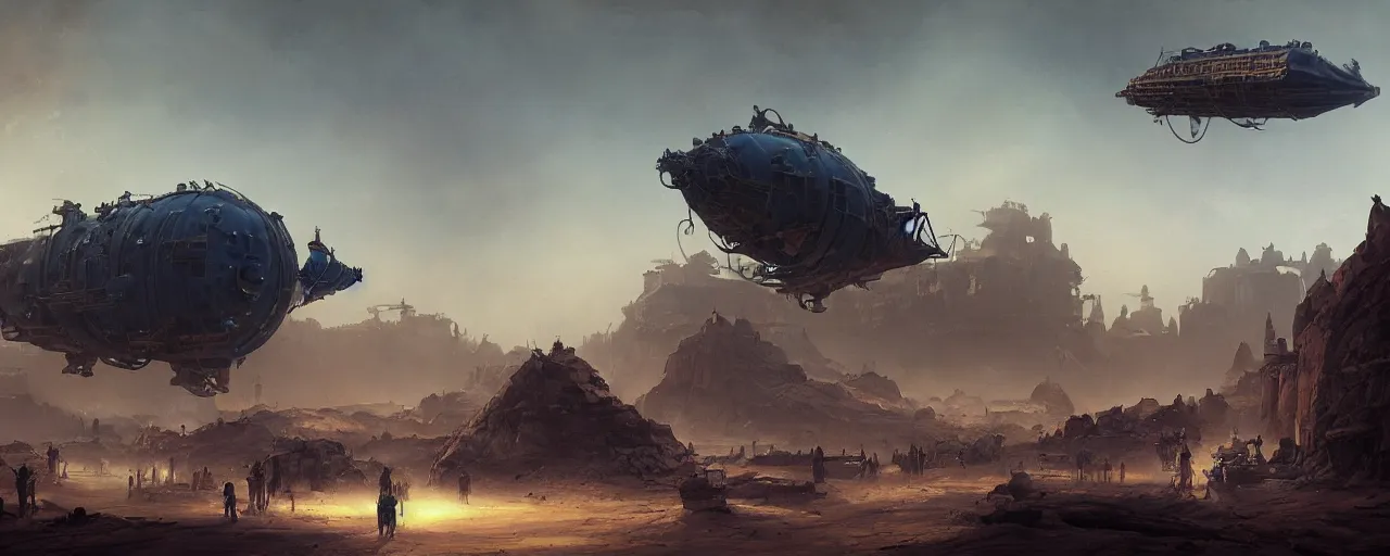 Image similar to Dark blue glowing desert with old steampunk airship as the subject, big and laying in the middle, barely functioning, it has attracted a crowd, very detailed concept art, matte painting, digital art, concept art, realistic beautiful, trending on Artstation, Greg Rutkowski