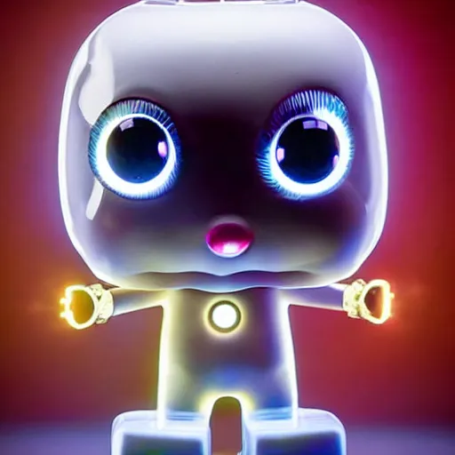 Image similar to a highly detailed vinyl figure with lighting bolts coming out of its eyes it is pointing to the right, RGB smile, square nose, electric eyes, sparking eyes, realistic lighting, realistic reflections, surprise, shocking