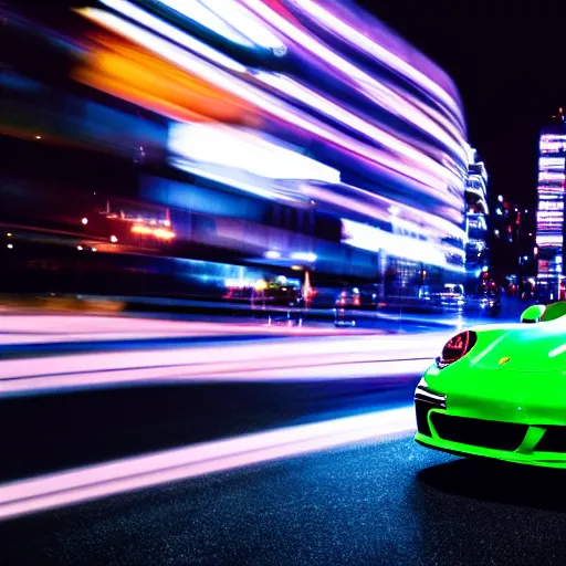 Prompt: photo of a porsche 9 1 1 at night in a city, cinematic, 4 k, long exposure photography, tokyo drift, fast and furious, film still, night photography, motion blur, lens flare, movie shot, light trail, distortion, wide angle, reflections