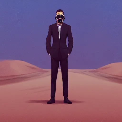 Prompt: man in a suit and wearing a gas mask standing in a desert wasteland background, dreary, smooth, sharp focus, beautifully detailed, digital art, concept art, trending on artstation, by alena aenami