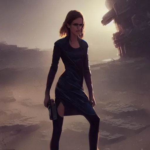 Prompt: a portrait of emma watson wearing skintight dress, post apocalyptic earth in the background as seen by greg rutkowski, dark theme, enchanted, warm colors, high quality, waw, trending on artstation