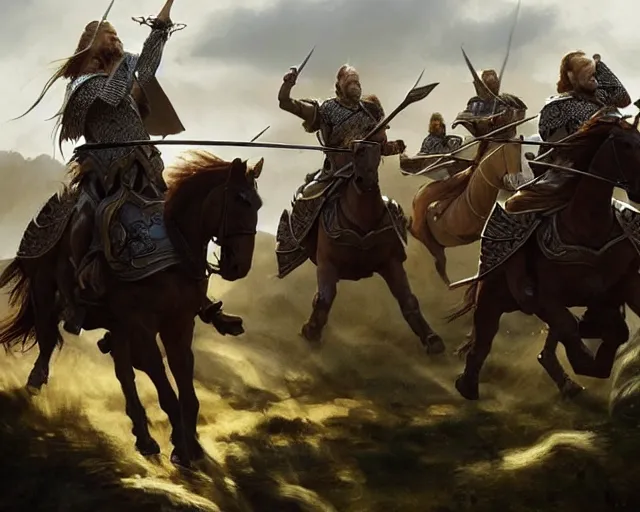 Prompt: king theoden charging the battlefield on horseback with an army of horses behind him, deep focus, d & d, fantasy, intricate, elegant, highly detailed, digital painting, artstation, concept art, matte, sharp focus, illustration, hearthstone, art by artgerm and greg rutkowski and alphonse mucha