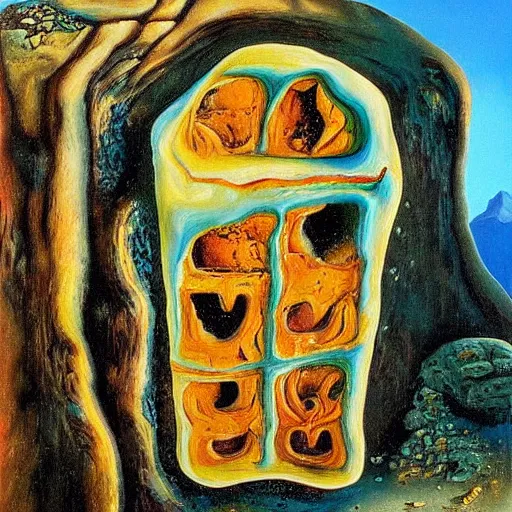 Prompt: a vivid surrealist painting of a melting, gooey, stone building with a door and windows, made out of melting ice cream. on a hill in the mountains and forest on a scorching hot day, in the style of dali