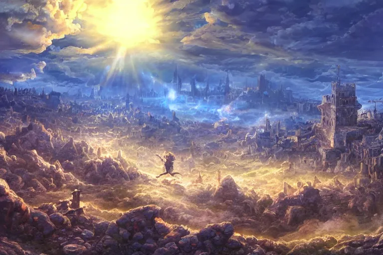 Image similar to a detailed matte landscape painting of king richard the lionhearted as a shonen anime protagonist attacking jerusalem, 8 k, volumetric lighting, in the style of disney, art by kentaro miura and akira toriyama