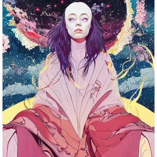 Prompt: closeup : billie eilish as the empress of the universe sits on stellar throne. illustration by james jean and satoshi kon and erik jones, inspired by evangelion, smooth feature, intricate oil painting, high detail illustration, sharp high detail