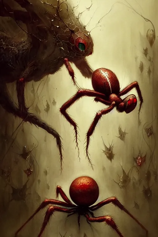 Prompt: elf and spider hubrid | esoteric symbolism | jean - baptiste monge, esao andrews, bastien lecouffe - deharme, tim jacobus, ken currie | ultra - detailed realism, soft cinematic lighting, hi - fructose, artstation, high - quality, ink watercolors wes anderson poster art