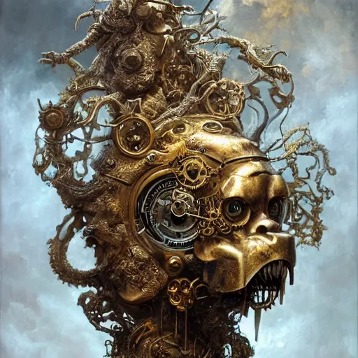 Image similar to a beautiful detailed 3 d matte portrait of a clockwork lion, by ellen jewett, by tomasz alen kopera, by justin gerard, ominous, magical realism, texture, intricate, skull, skeleton, gold coins, money, whirling smoke, alchemist bottles, radiant colors, fantasy, volumetric lighting, high details