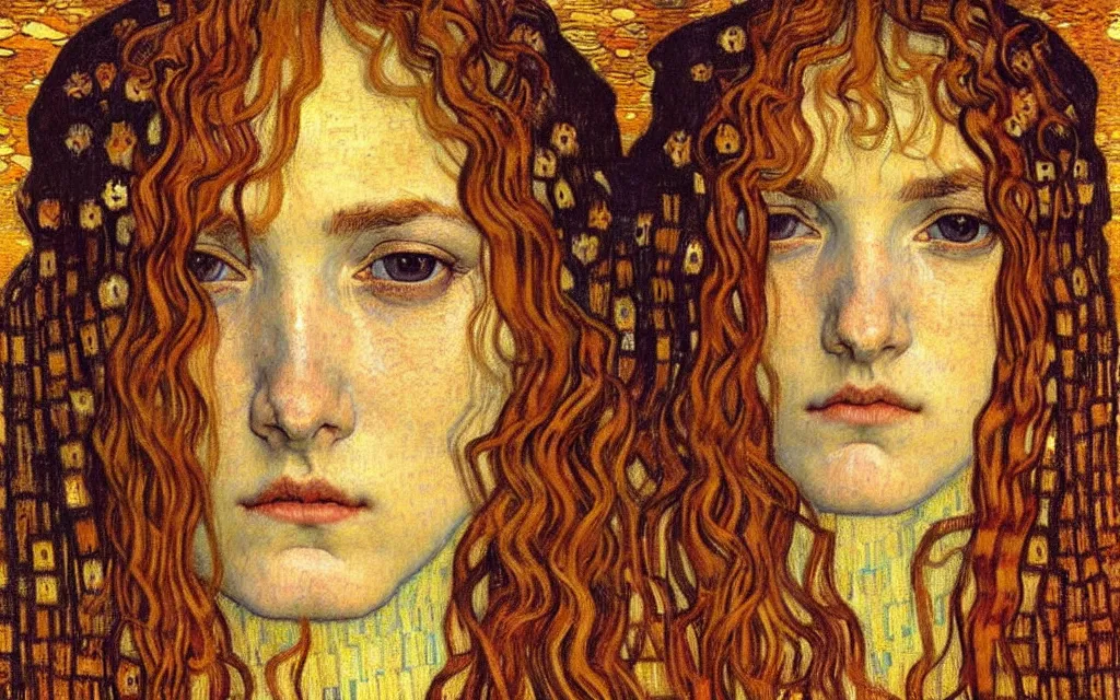 Image similar to detailed realistic beautiful young medieval queen face portrait by jean delville, gustav klimt and vincent van gogh, art nouveau, symbolist, visionary, gothic, pre - raphaelite, muted earthy colors, desaturated