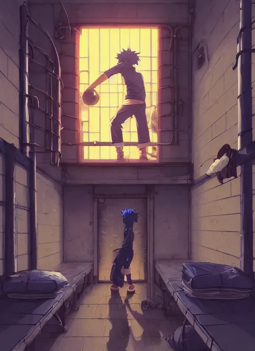 Image similar to highly detailed prison cell with naruto uzumaki with black hair, training behind metal bars, powerfully punching a wall, art by greg rutkowski, loish, rhads, ferdinand knab, makoto shinkai and lois van baarle, ilya kuvshinov, rossdraws, tom bagshaw, global illumination, radiant light, detailed and intricate environment