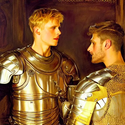Prompt: attractive arthur pendragon confesses his love for his attractive male knight. highly detailed painting by gaston bussiere and j. c. leyendecker 8 k