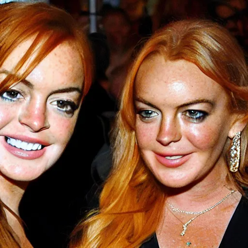 Image similar to Selfie photograph of Lindsay Lohan and Lindsay Lohan, golden hour, 8k,