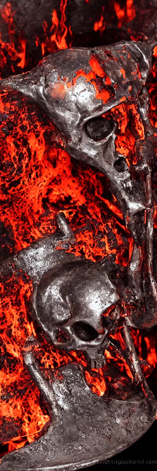 Image similar to molten red hot metal being poured into a mold in the shape of a punisher skull emblem. background is firey foundry. detailed, high art, intricate, artisan